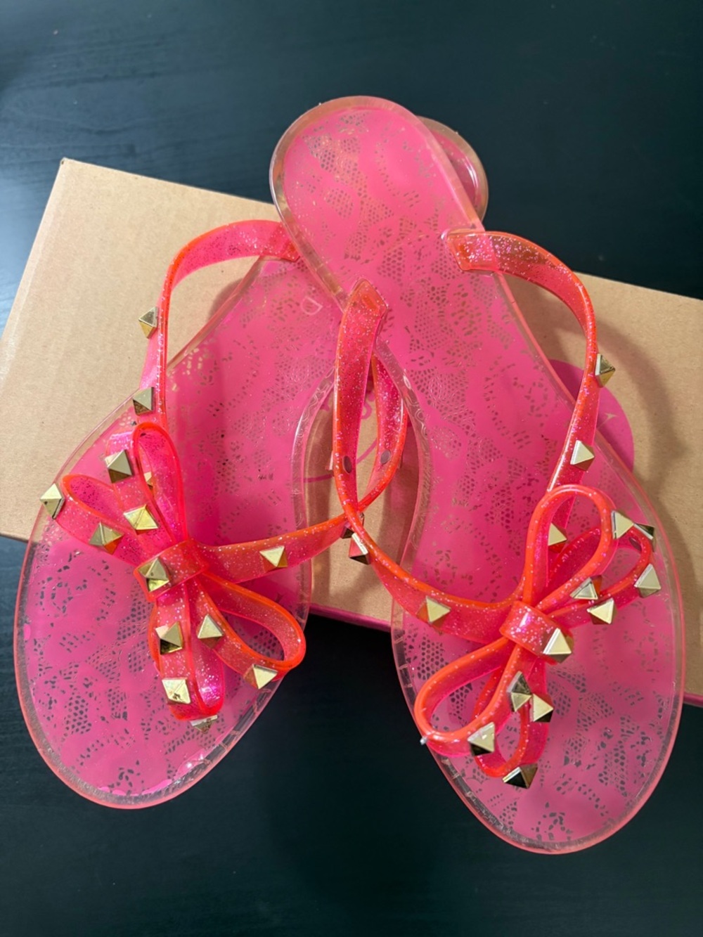 Women’s Pink Jelly Bow Sandals with Gold Stud Accents
